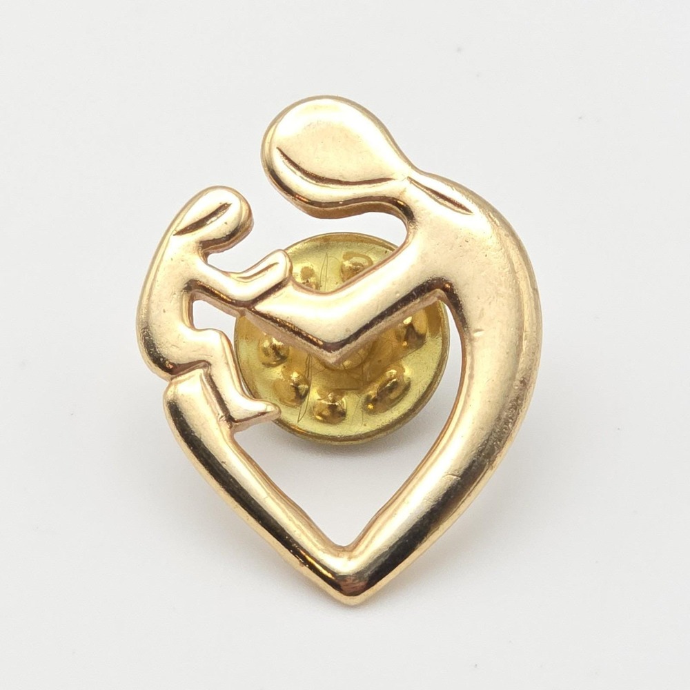 Vintage Mother & Child Pin Brooch Abstract Heart Shaped Hat Lapel Pin Gold Tone